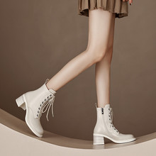 法式米白色大圆头粗高跟马丁靴22年冬季新款系带侧拉链低筒短靴女
