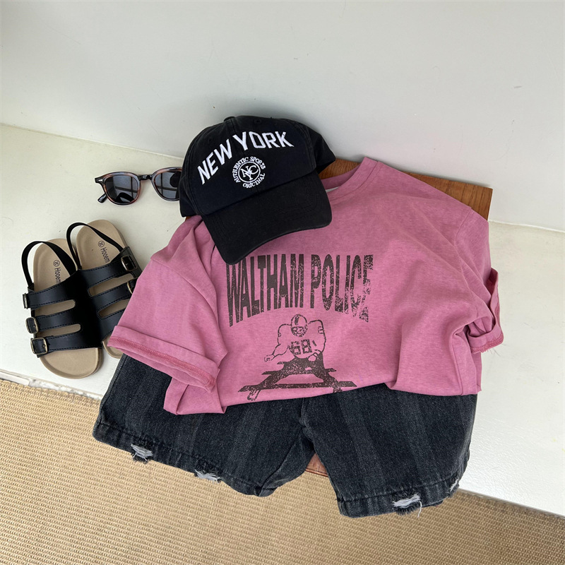 Boys summer American distressed shorts, children's dark cut denim loose casual pants, 5/4 pants_voghion.com