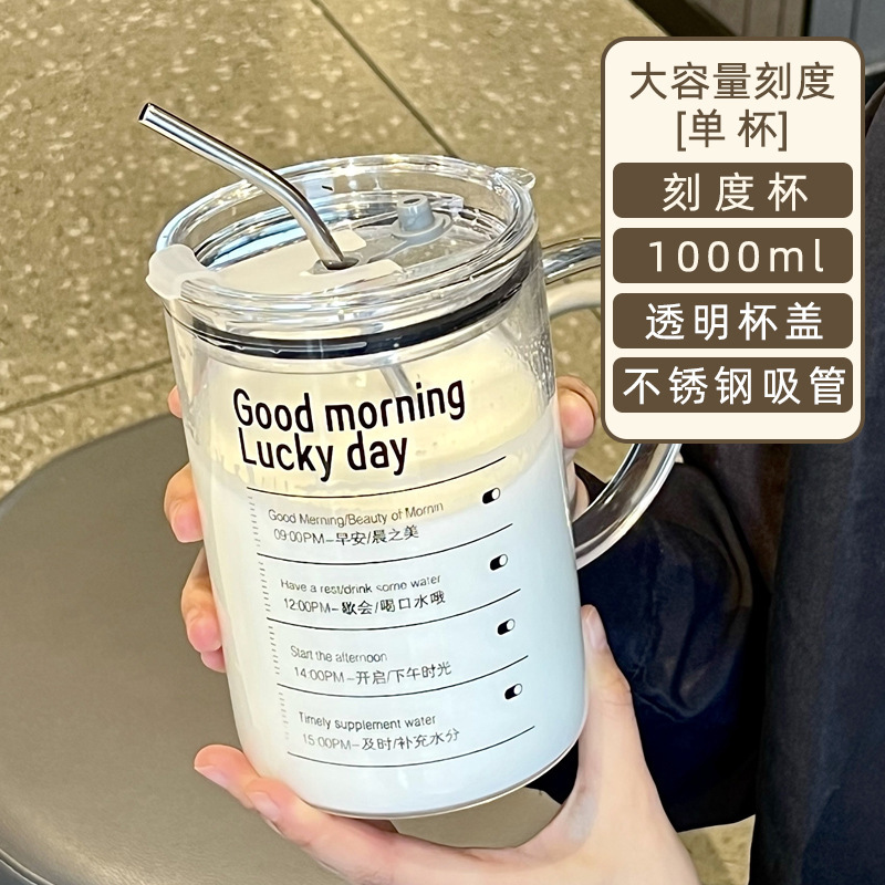 马克杯带把手高颜值水杯耐高温高硼硅吸管杯大容量玻璃杯1000毫升|undefined
