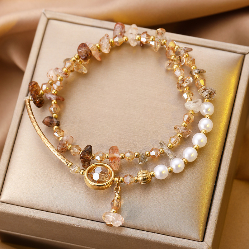 Cross-border Retro Natural Stone Crystal Imitation Pearl Stacked Bracelet Women's Dopamine Colorful Gravel Butterfly Pendant Bracelet