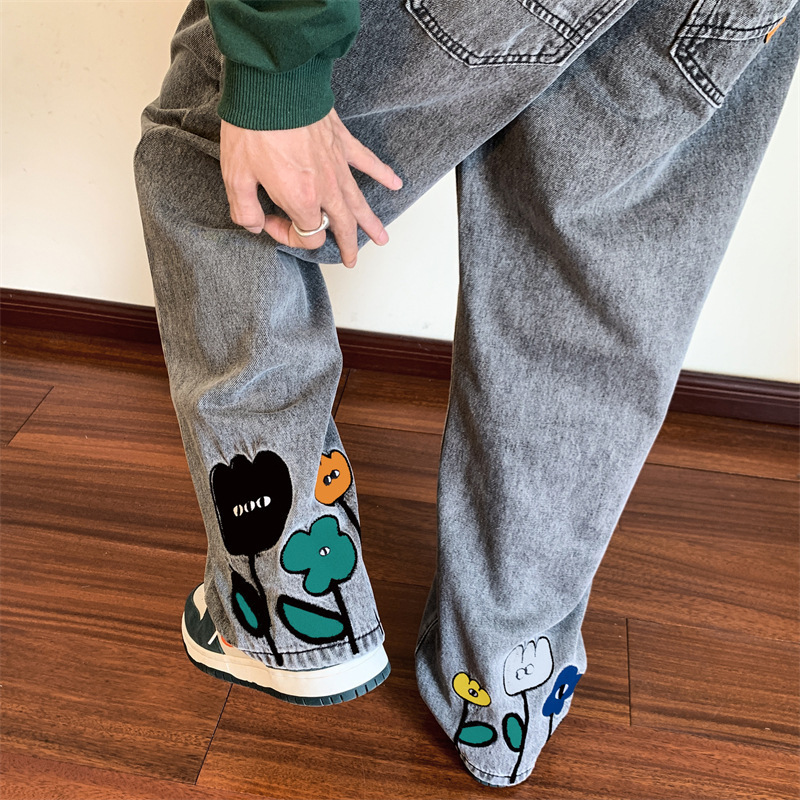 Smoke Grey Printed Jeans Men's Loose Straight Wide Leg Pants Spring and Autumn High Street Instagram Popular Brand Draping Pants Smoke Grey Printed Jeans Men's Loose Straight Wide Leg Pants Spring and Autumn High Street Instagram Popular Brand Draping Pants
