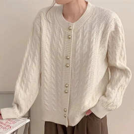 韩系复古麻花毛衣金扣温柔软糯针织开衫设计感宽松秋冬外套上衣女