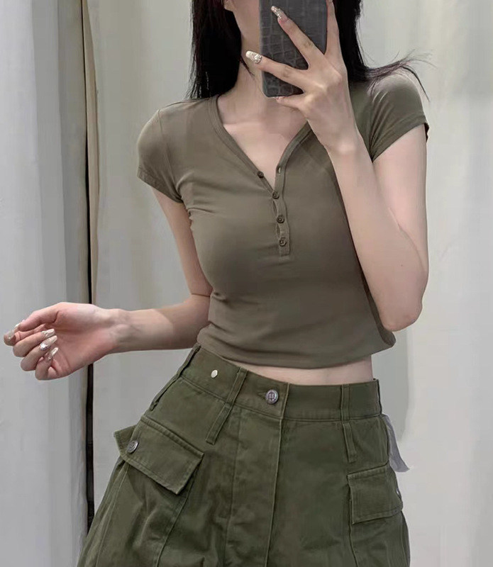 New Style *Msn Golden Sister New Retro Style Henry Multi-Button Solid Color Washed V-Neck Round Neck T-Shirt