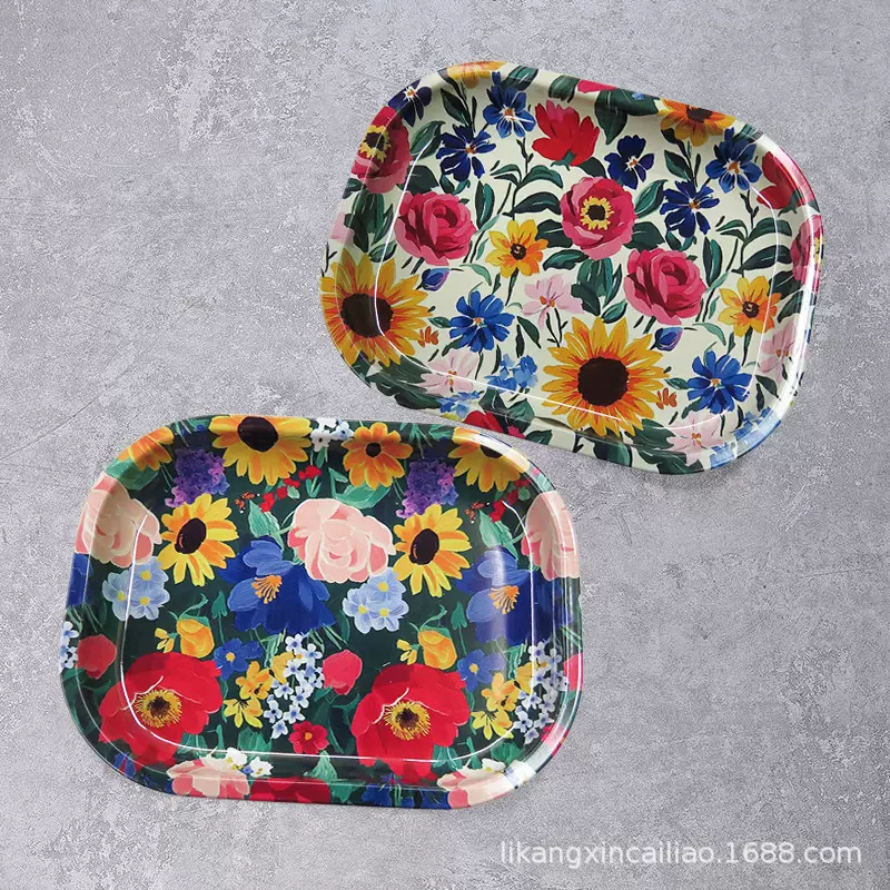 轻奢复古水果托盘马口铁盘子时尚印花圆底方盘铁艺卷边果盘批发