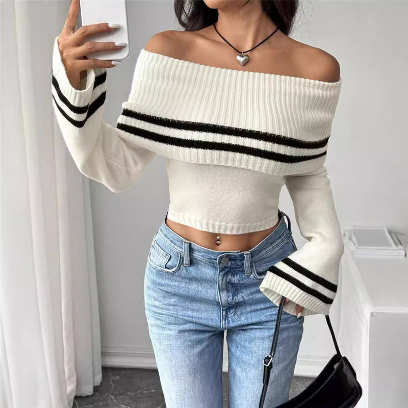 European and American Cross-border Amazon Women's Shoulder Sweater Knitted Horn Sleeve AliExpress Short Top European and American Cross-border Amazon Women's Shoulder Sweater Knitted Horn Sleeve AliExpress Short Top