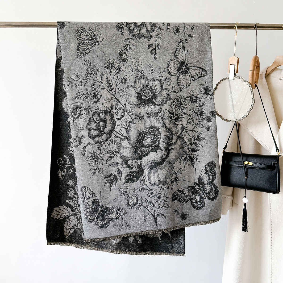 Art retro peonía estilo de mariposa impresión de nuevo estilo de imitación de cashmere doble cara chal elegante bufandas cálidas versátiles