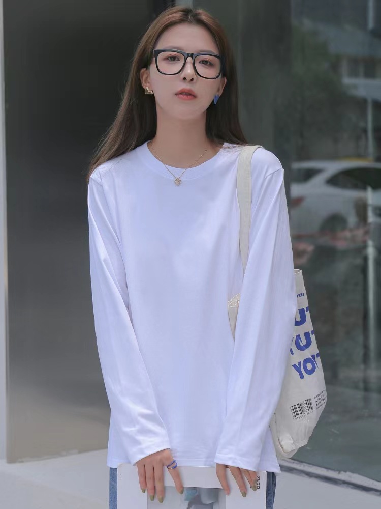 纯白色打底衫女秋冬季全棉质感宽松内搭叠穿上衣圆领纯棉长袖T恤