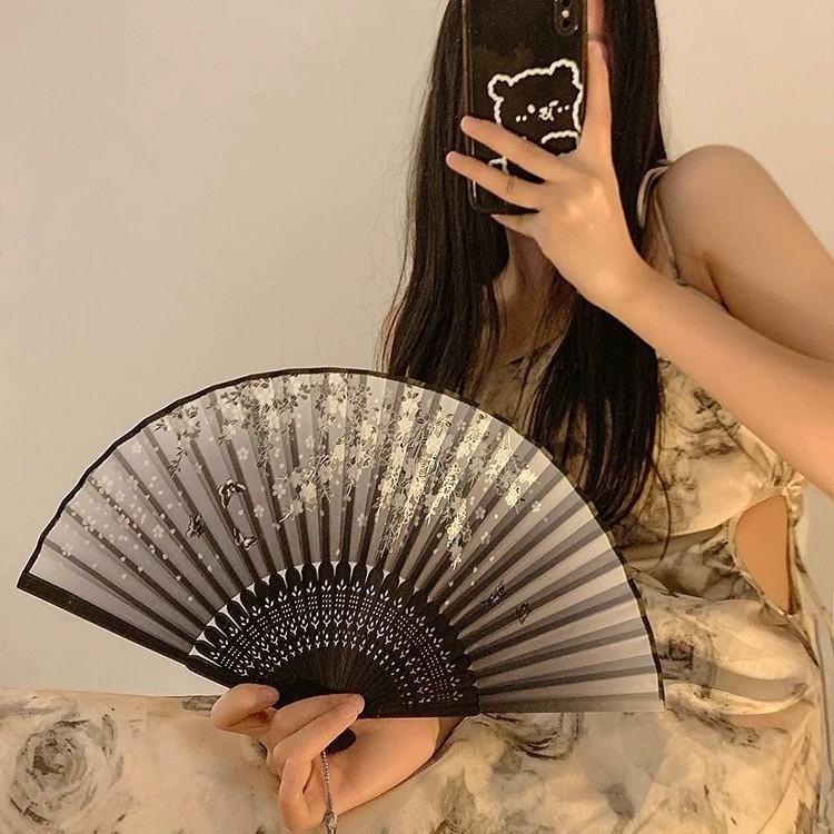 新型扇子古風絹織物扇風機中国風水墨蘭ハスの花梅の折り畳み扇新中国式折扇写真|undefined