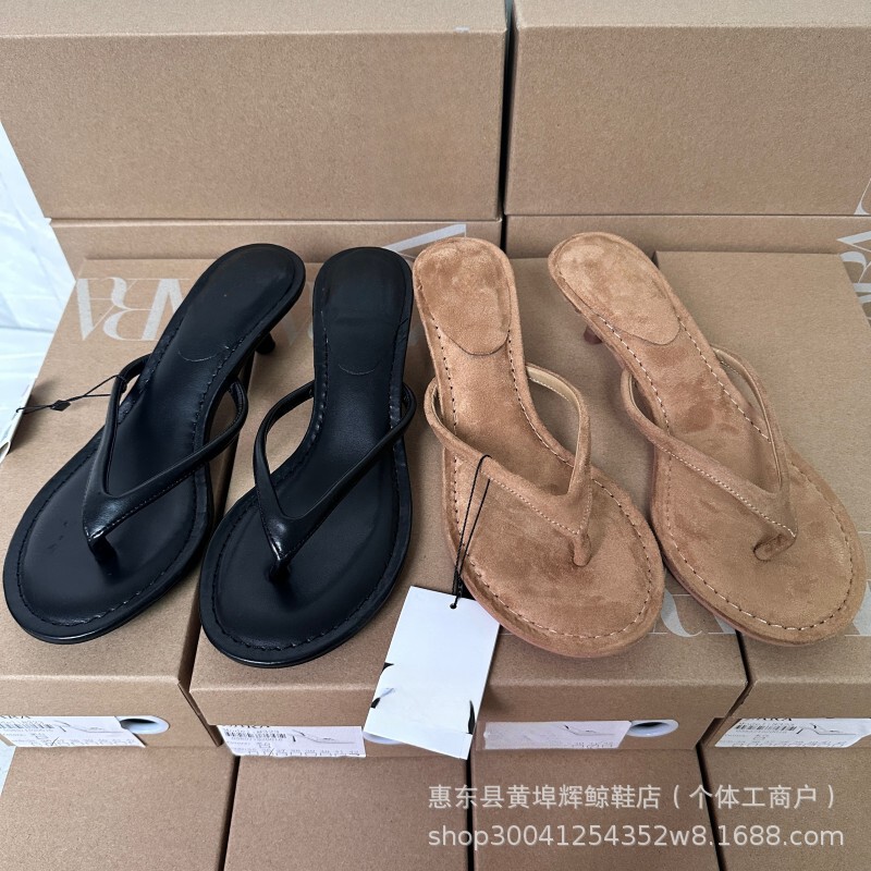 Za French Flip-Flops Women's Sandals Small High Heels Thong Khaki Round Toe Summer Open Toe Stiletto Women's Sandals
