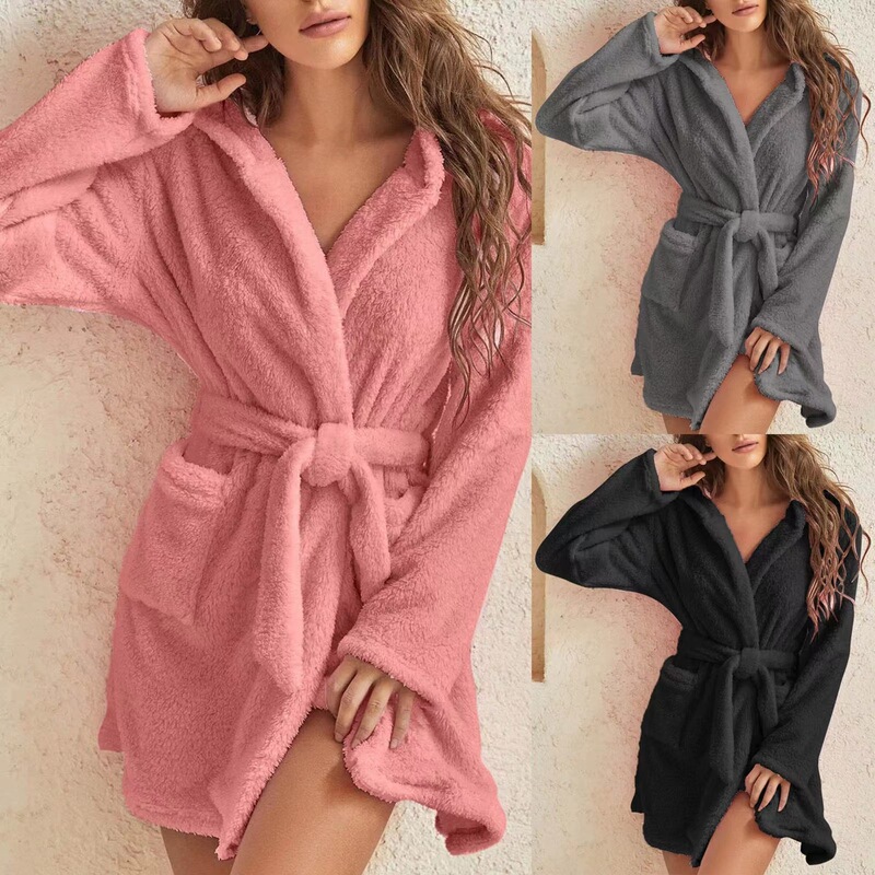 Cross-Border Hot Selling 2026 Amazon Ebay European and American Foreign Trade Plush Pajamas Solid Color Hooded Home Warm Bathrobe for Women