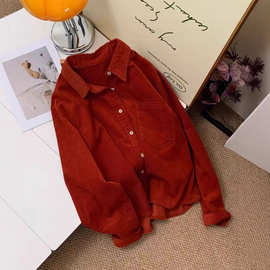 原物推荐！巨显白~复古红色灯芯绒衬衫女减龄时尚气质高级感衬衣
