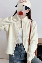 春夏新款纯色立领拉链针织开衫设计感宽松短款休闲简约毛衣女外套