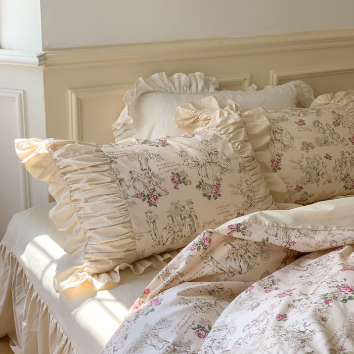 Nordisch-französisches Vintage-Boho-Retro-Prinzessinnen-Bettwäscheset mit Spitze und Rüschen, vierteilig, bestehend aus Rock, Bettlaken und Bettbezug, aus reiner Baumwolle._voghion.com