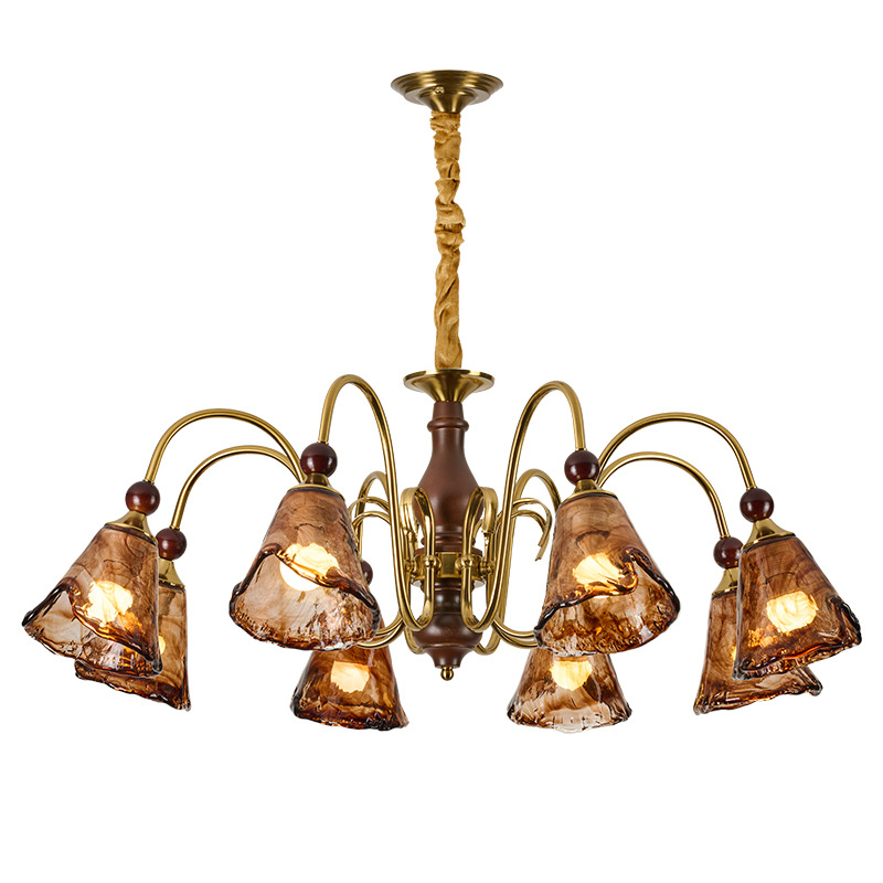 Araña de sala de estar estilo antiguo francés ámbar nuevo estilo madera maciza Maillard comedor retro premium lámpara de dormitorio principal L535