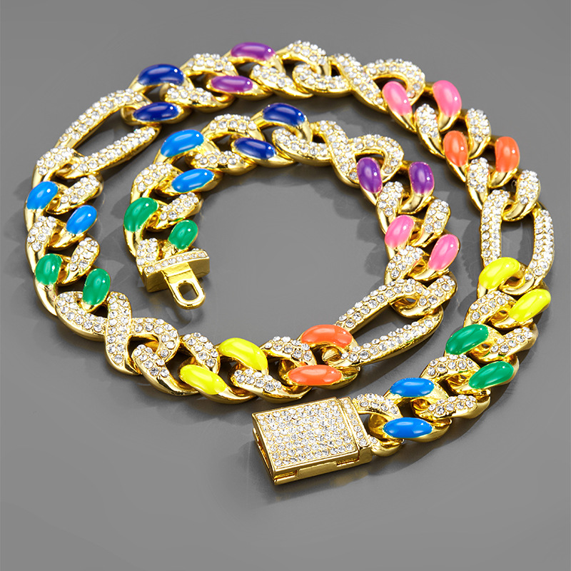 Creative and Personalized New Octagonal Colorful Oil Drop Splicing Cuban Chain Necklace Hip Hop_voghion.com