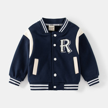 秋冬休闲男童外套 潮流加绒圆领棒球服 字母长袖撞色条纹保暖外套