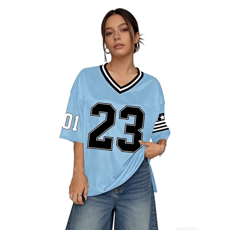 European and American Street Style V-Neck Sports Jersey Loose Large Size 23 Number Printed Mesh Short-Sleeved T-Shirt for Women