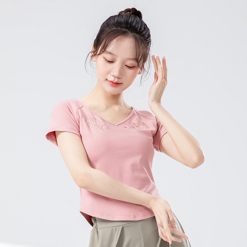 女性のためのモダンダンス服夏の新しいスリム半袖プリント毎日の練習ボディスーツ中国のダンス服トップ|undefined