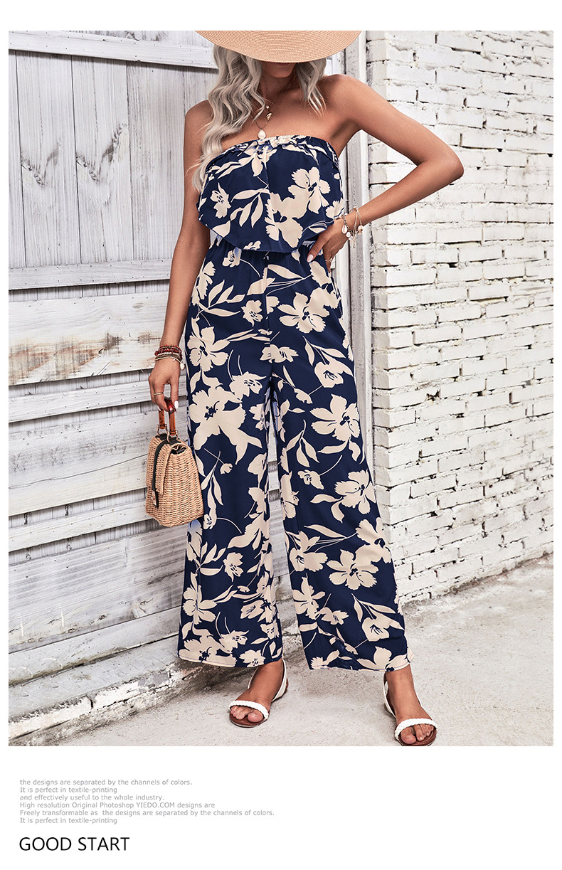 Flower Print Bandeau Straight Leg Jumpsuit_voghion.com