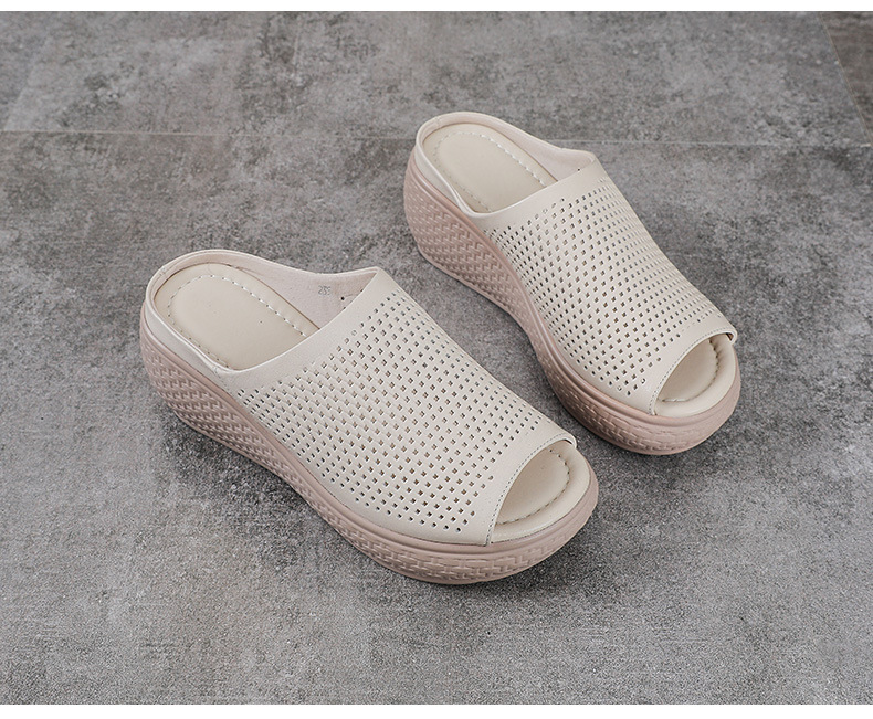 Dép sandal nữ quai chữ V đơn giản, đế xuồng cao, da bò thật, mũi hở — màu nâu chi tiết 13