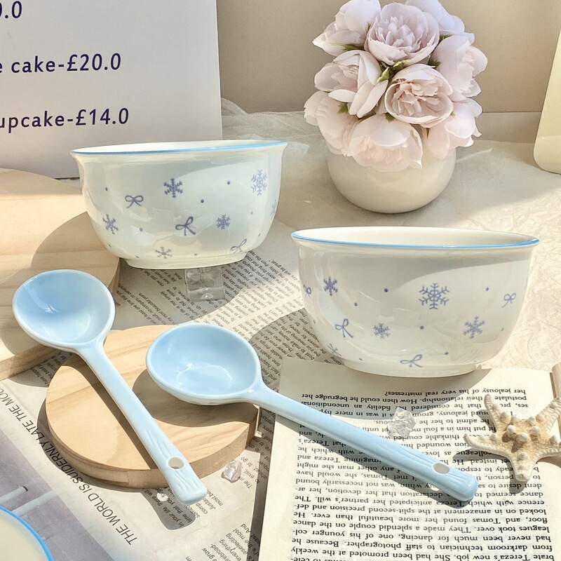 Snowflake Bowl and Spoon with Underglaze Color, Girly Ceramic Tableware, Ins-Style Milk Blue Series, Healing Ceramic Dessert Bowl