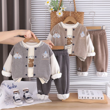 婴儿衣服秋冬小童帅气加厚小狗棒球服套装三件套一岁男宝宝冬装