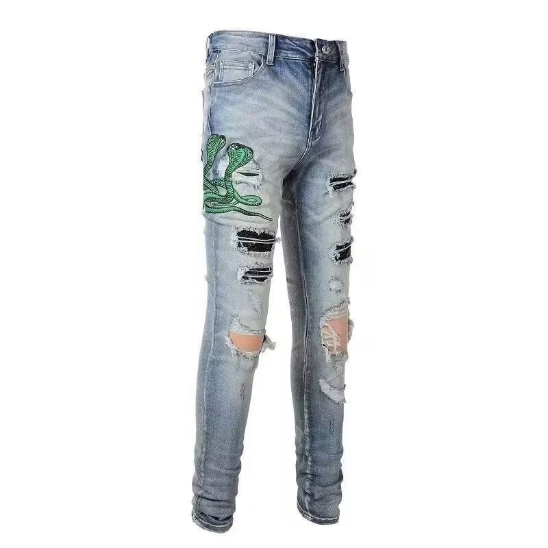 boy European And American High Street Trend Brand Vintage Distressed Niche Jeans For Men With Cobra Embroidery Patch Slim_voghion.com