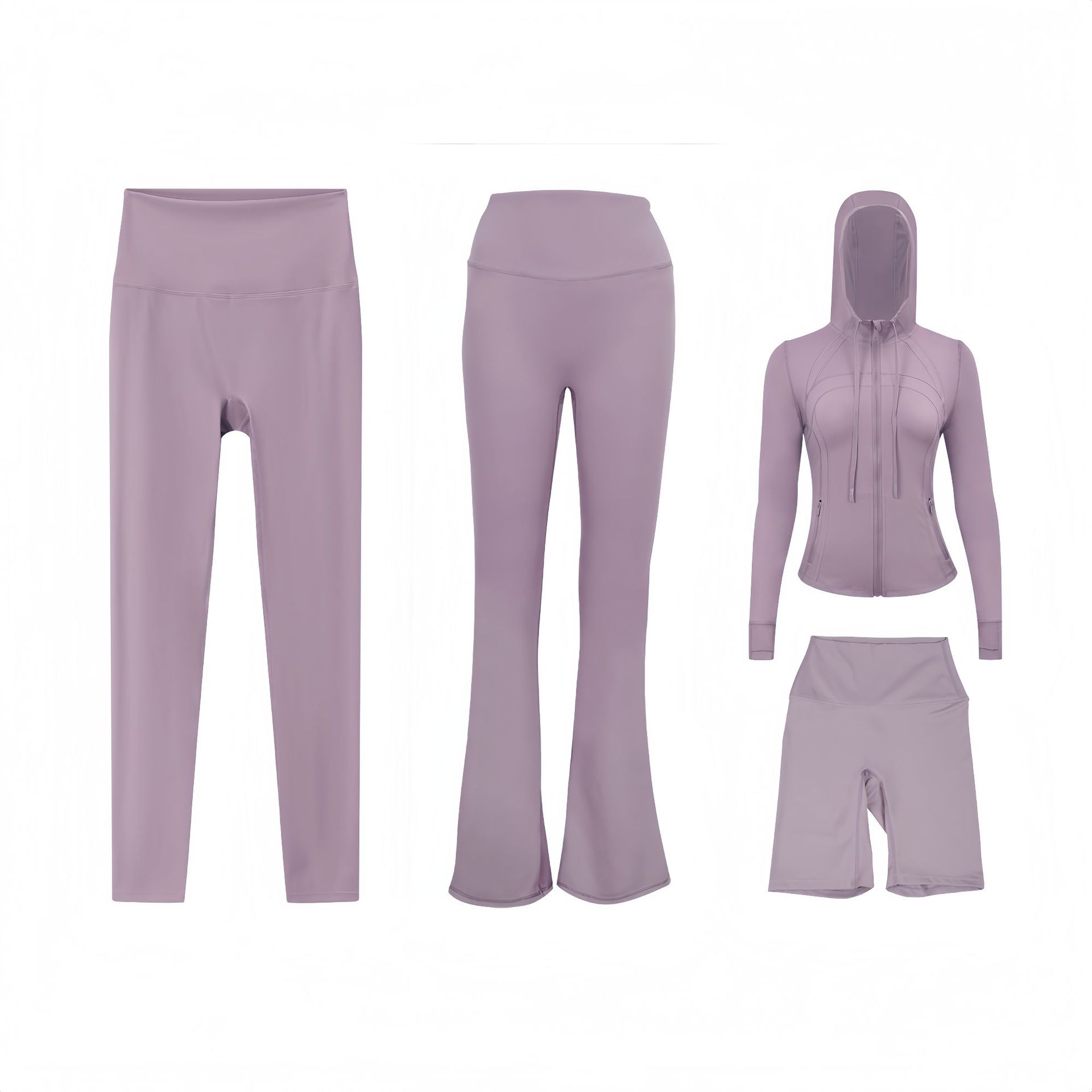 Dameskleding Vierdelige set: jasje met capuchon, flared broek, cropped broek, slim fit, elastische pasvorm, sportkleding. Op voorraad._voghion.com