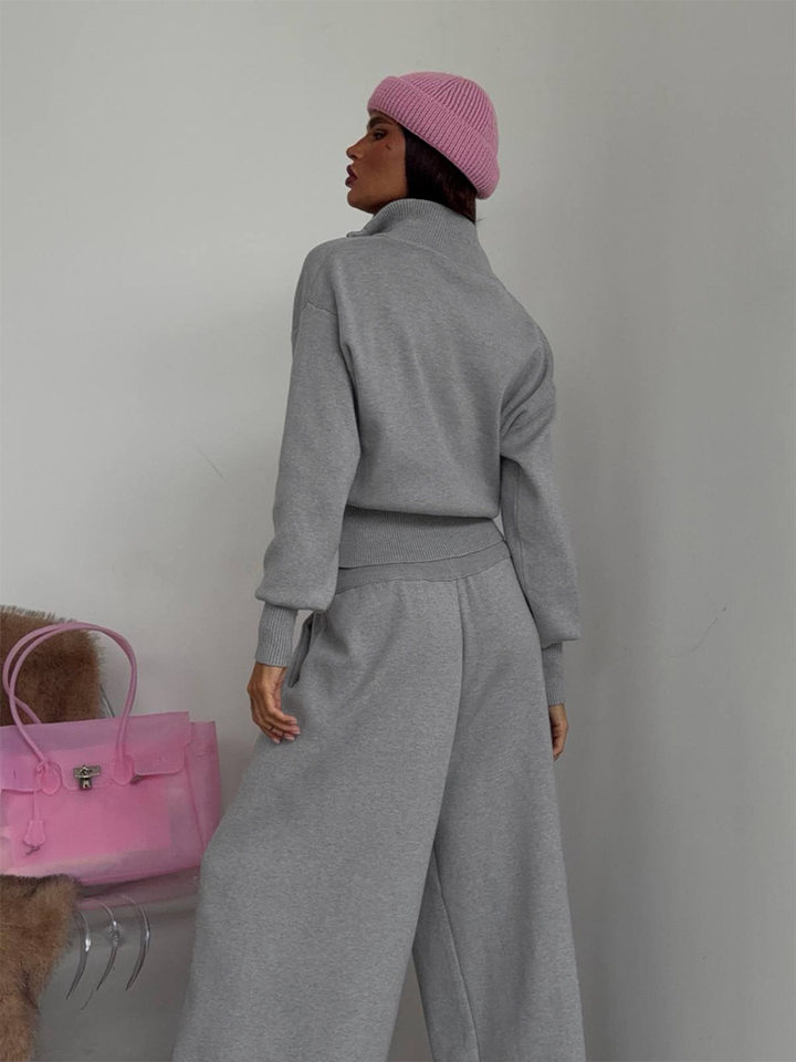 Set áo len cardigan dáng rộng phối quần ống lồng hai dây kéo — màu hồng, màu xám chi tiết 16