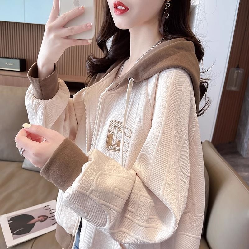 1.00 kg-150.00 kg plus size chubby girl contrast color coat women's spring and autumn thin 2024 New hooded loose small sweater
