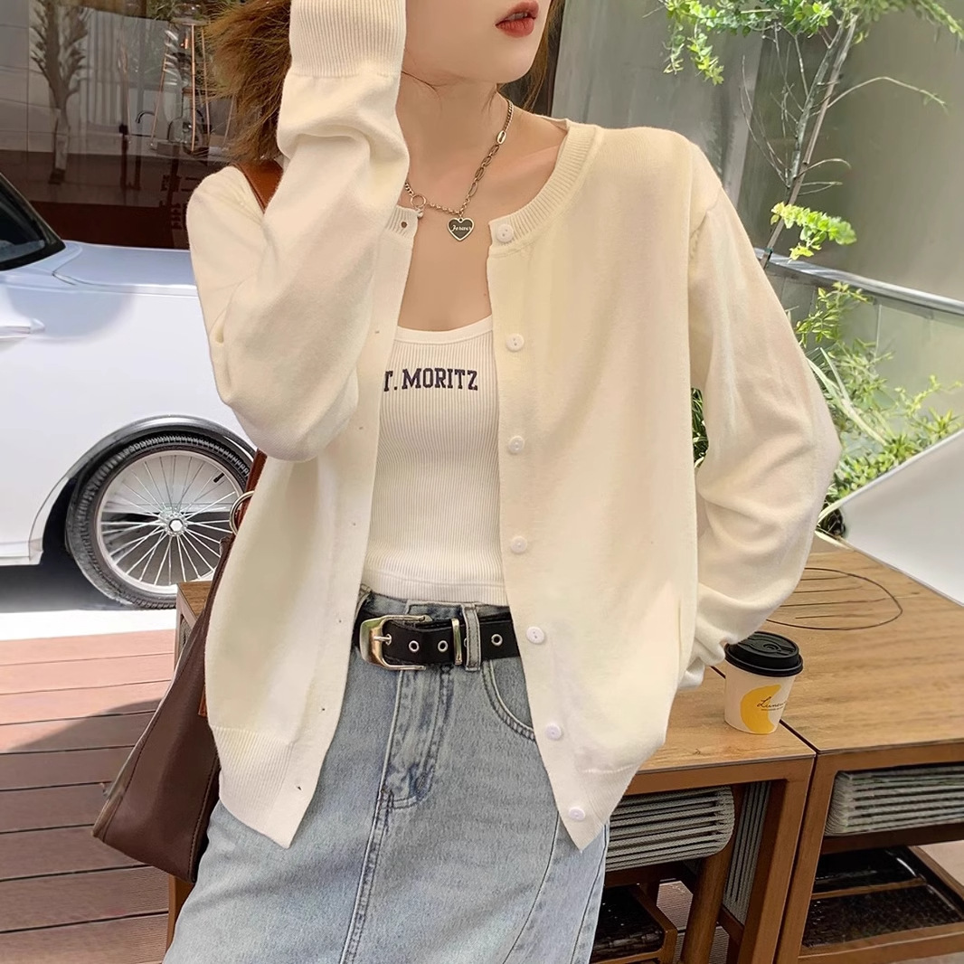 in stock Long-sleeved Knitted Sweater Coat Women's Spring and Summer New Korean Style Western Style Loose Slim Look Outer Sweater Cardigan Top