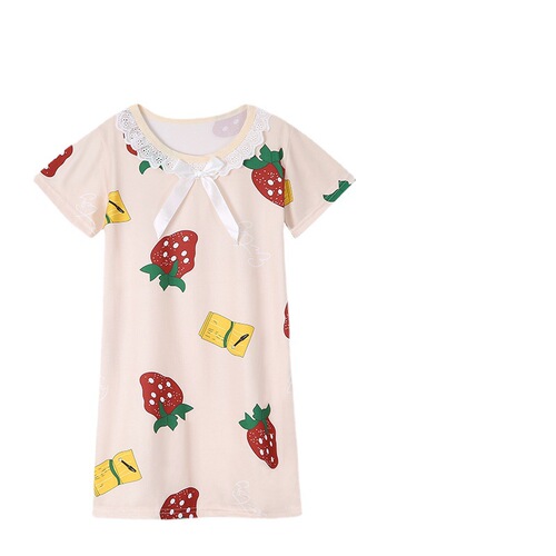 Girls' Sleep Gowns, Children's Summer Short Sleeve Baby Thin Edge Lace Dress, Cartoon Homecoming Wear for Little Girls, Medium to Large Kids