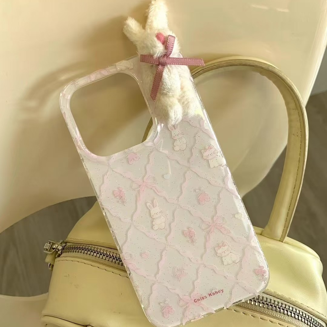 Lingge Bowknot Bunny para iPhone15/16 Flower Bunny 14pro lindo 16ProMax Girl Heart