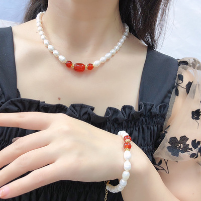 天然淡水珍珠项链套装女百搭时尚饰品红玛瑙搭配精美首饰三件套|ms