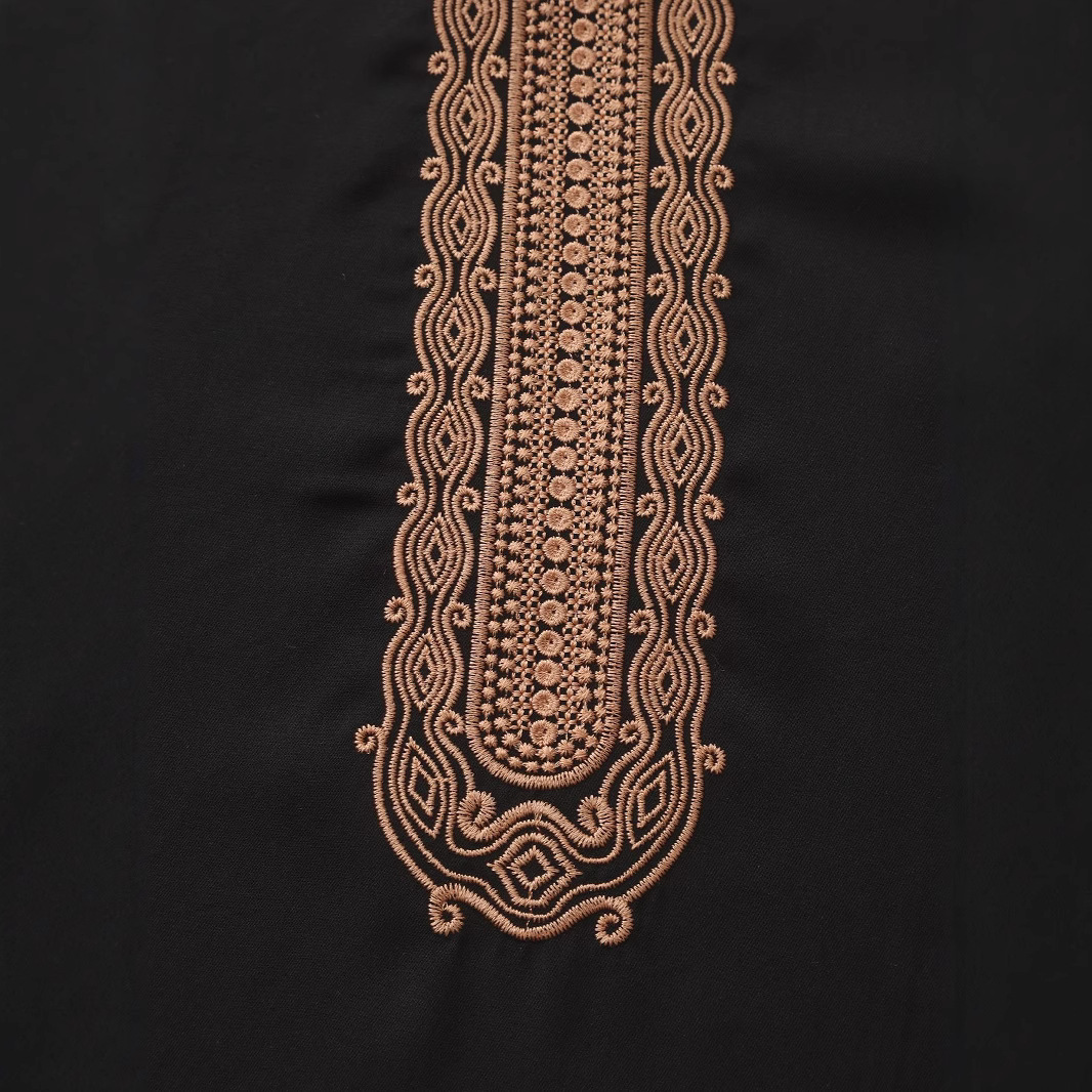 Ethnic Embroidered Kaftan Tunic For Men – Breathable Black Linen-Like Polyester With Hand-Stitched Motifs (Loose Fit, 5-Size Range, Machine Washable)​_voghion.com