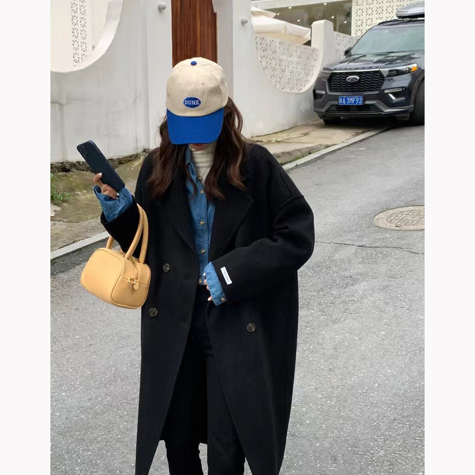 Classic black small long handmade double-sided wool coat women's Korean-style all-match cashmere cocoon woolen coat