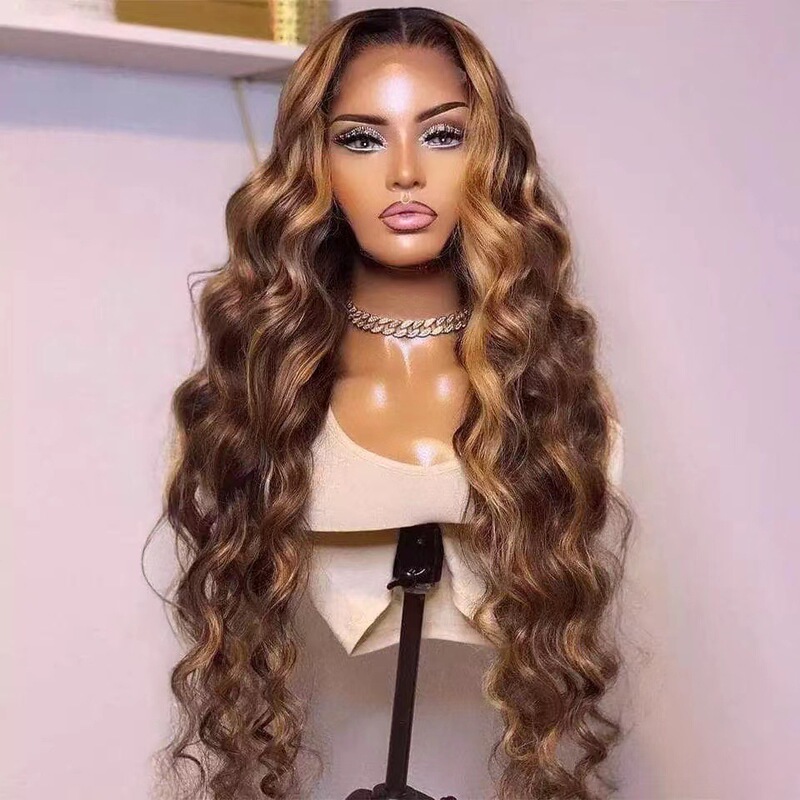 2022 Amazon wig European and American new women's chemical fiber hair set piano color highlights brown long curly hair gradient 2022 Amazon wig European and American new women's chemical fiber hair set piano color highlights brown long curly hair gradient