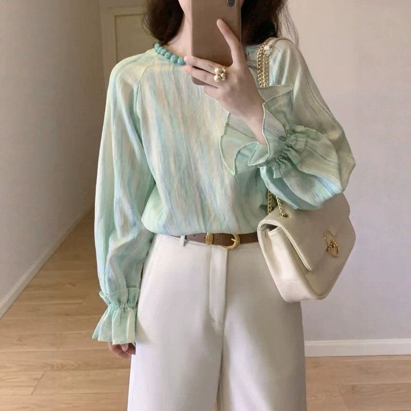 In stock 2026 spring/summer top with turquoise collar, hand-beaded Tencel linen sun protection shirt, ramie long-sleeve shirt In stock 2026 spring/summer top with turquoise collar, hand-beaded Tencel linen sun protection shirt, ramie long-sleeve shirt