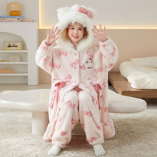 女童睡衣秋冬季珊瑚绒加厚保暖卡通睡袍儿童法兰绒浴袍女孩家居服