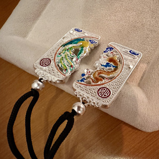 Centennial Silver Square National Tide Enamel Dragon and Phoenix Pendant Foot Silver 999 Dragon and Phoenix Chengxiang Pendant New Chinese Couple Black Rope Pendant