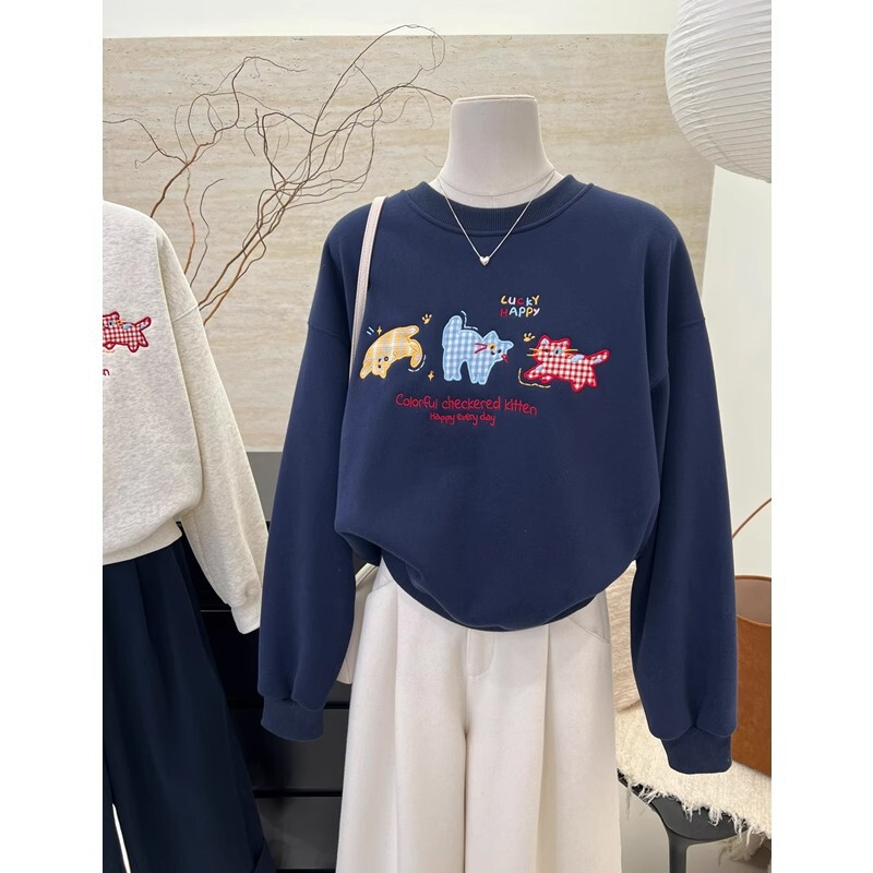 Japanese-Style College Cute Plaid Cat Round Neck Sweatshirt Unisex Spring and Autumn Design Youthful Versatile Pullover Top