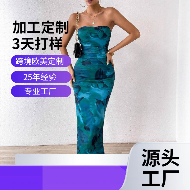 2026 Cross-Border European and American Amazon Mesh Floral Ruffle Sexy Tight-Fitting Slit Strapless Tube Top Long Dress Hit 2026 Cross-Border European and American Amazon Mesh Floral Ruffle Sexy Tight-Fitting Slit Strapless Tube Top Long Dress Hit