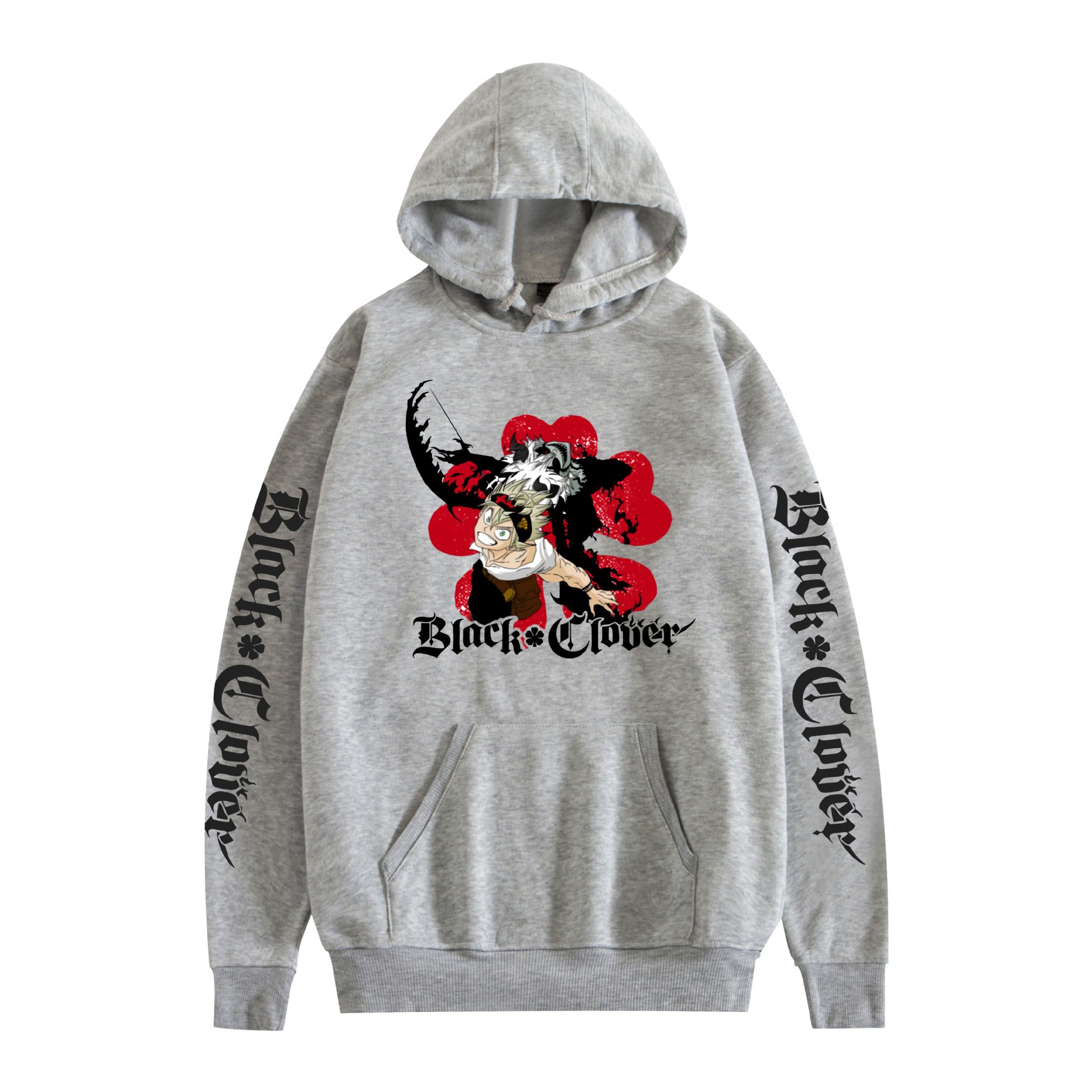 Suéter con capucha periférico de animación de trébol de cuatro hojas negro bidimensional marca de moda sudadera con capucha suelta casual más chaqueta de terciopelo nuevo