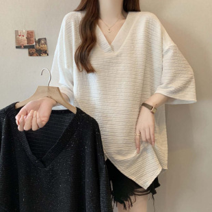 2025 New Summer Style Asymmetrical V Neck Ice Silk Wrinkled Chiffon Shirt Large Size Breathable Versatile Casual Top