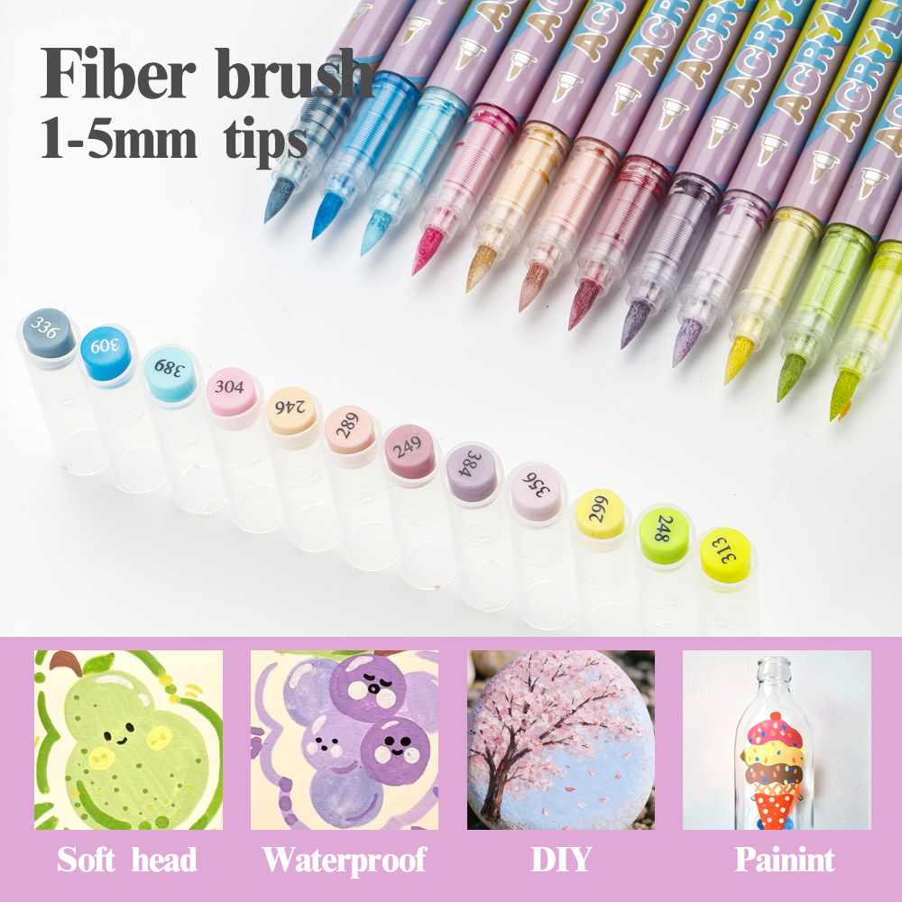 Macaron 12 colores líquido directo acrílico marcador de cabeza suave conjunto de pincel de dibujo de estudiantes y niños no mareado pincel de dibujo a mano