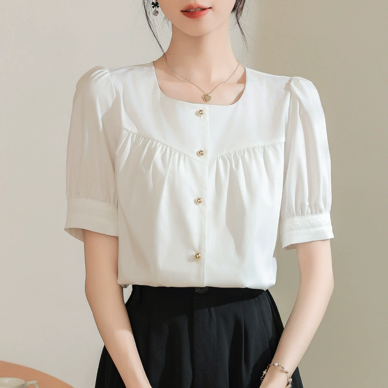Реальный выстрел белая французская рубашка с квадратным воротником женский 2024 летний новый дикий пригородный темперамент женский топ