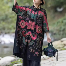 云南旅游中长款风衣新款女装民族风重工贴布刺绣水洗麻棉外套大衣