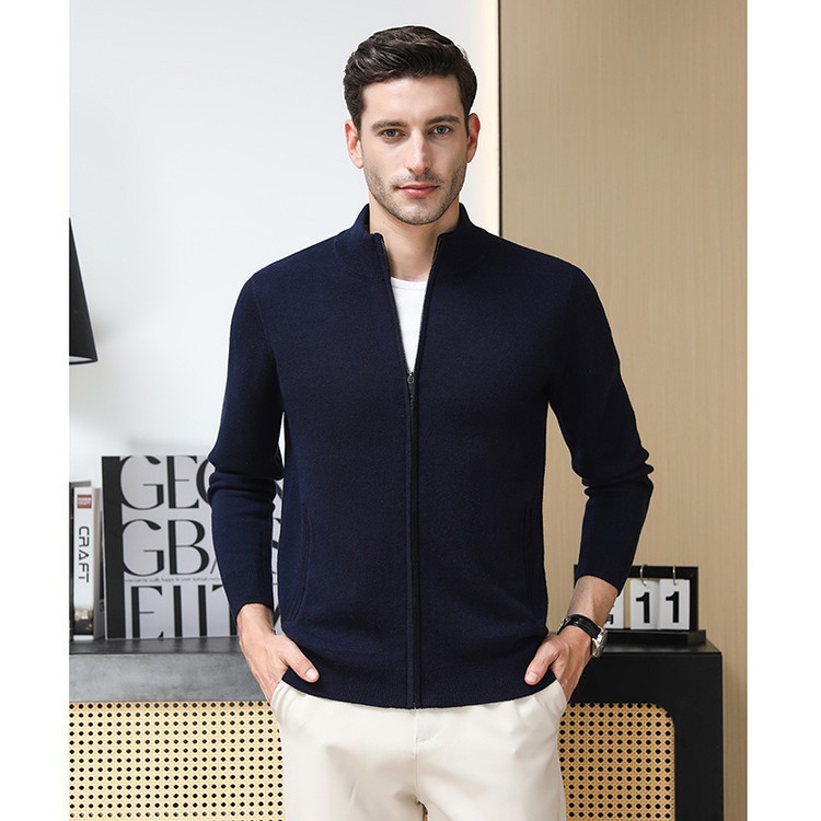 Suéter de lana de hombre cardigan de punto otoño invierno grueso chaqueta de lana pura de mediana edad papá cremallera cuello vertical suéter