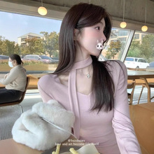 2025秋冬美丽基础款V领长袖T恤女韩系设计感收腰显瘦早秋chic上衣