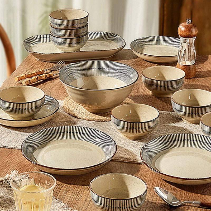 Japanese Retro Ceramic Bowl and Dish Set, High-End Household Rice Bowl, Soup Bowl, Plate, Bowl, Tableware, Modern Housewife's Same Style